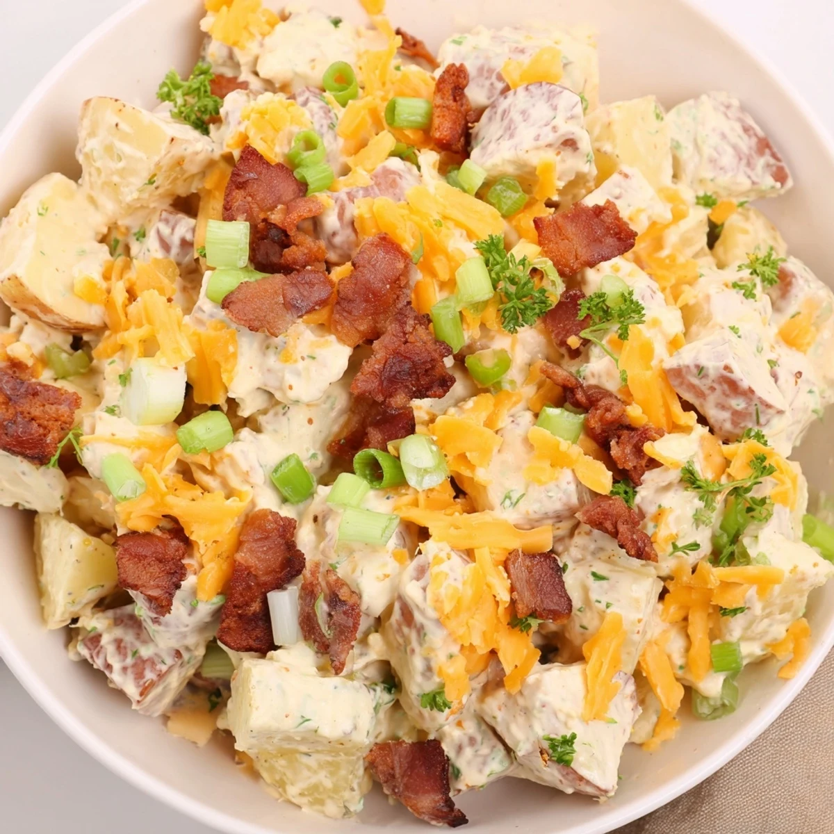 Generous bowl of Beef Bacon Loaded Potato Salad studded with celery, parsley