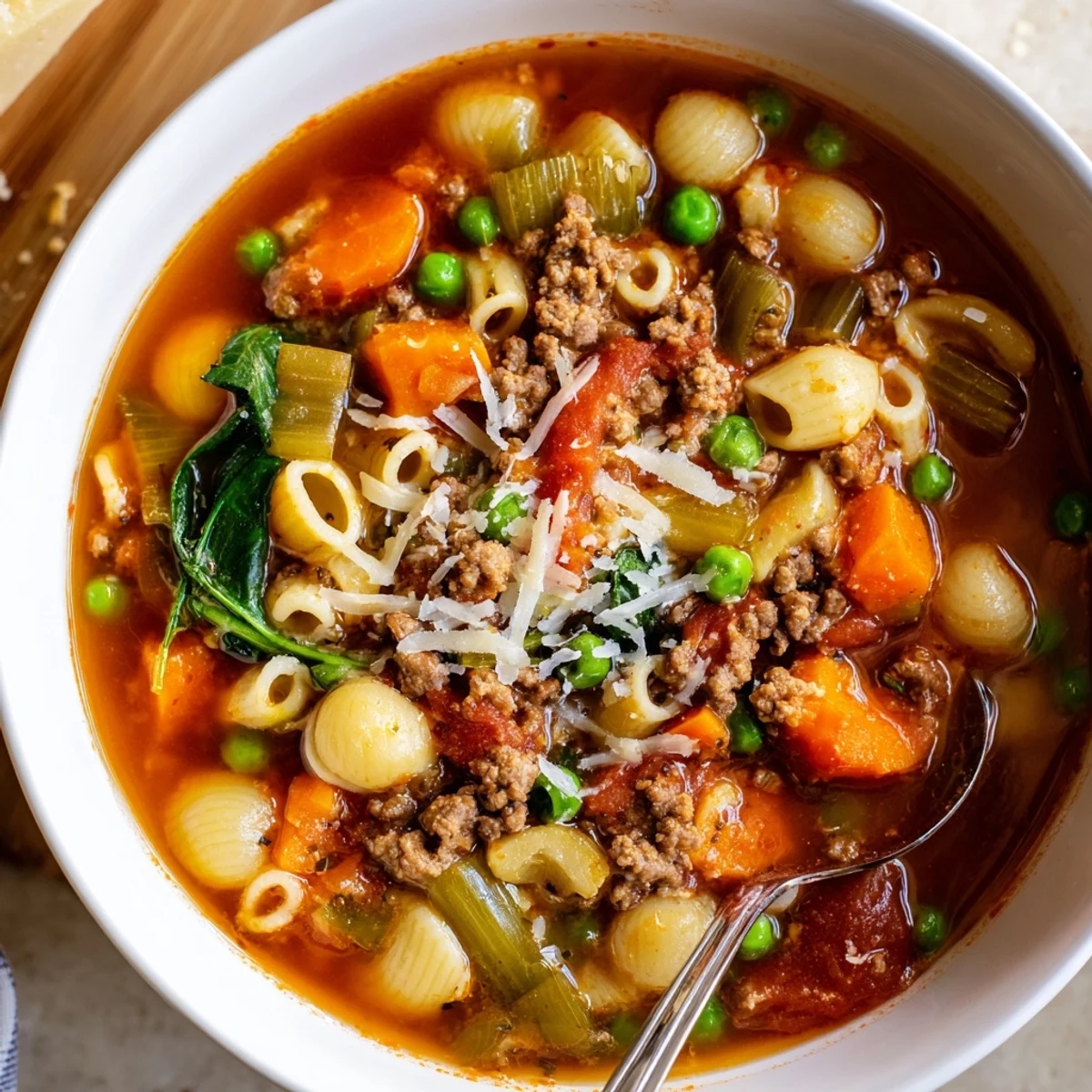 Hearty, steaming bowl of Delicious Homemade Ground Beef Pasta Soup Recipe For Comfort