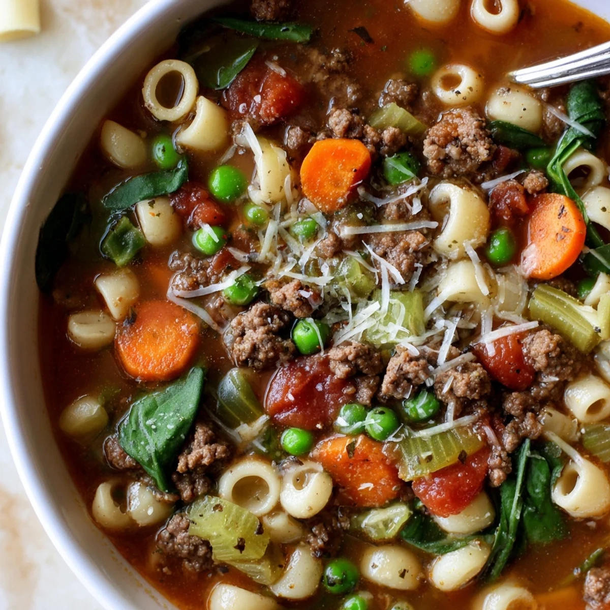Delicious Homemade Ground Beef Pasta Soup Recipe For Comfort topped with grated Parmesan