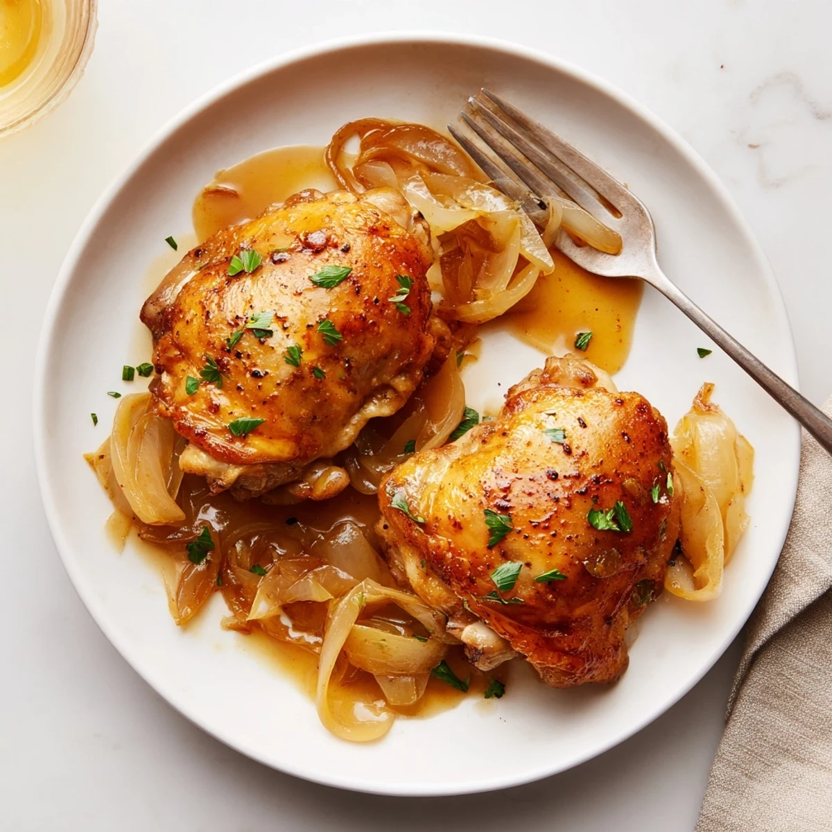 Savory Smothered Chicken Thighs nestled in onion-rich gravy over creamy mashed potatoes