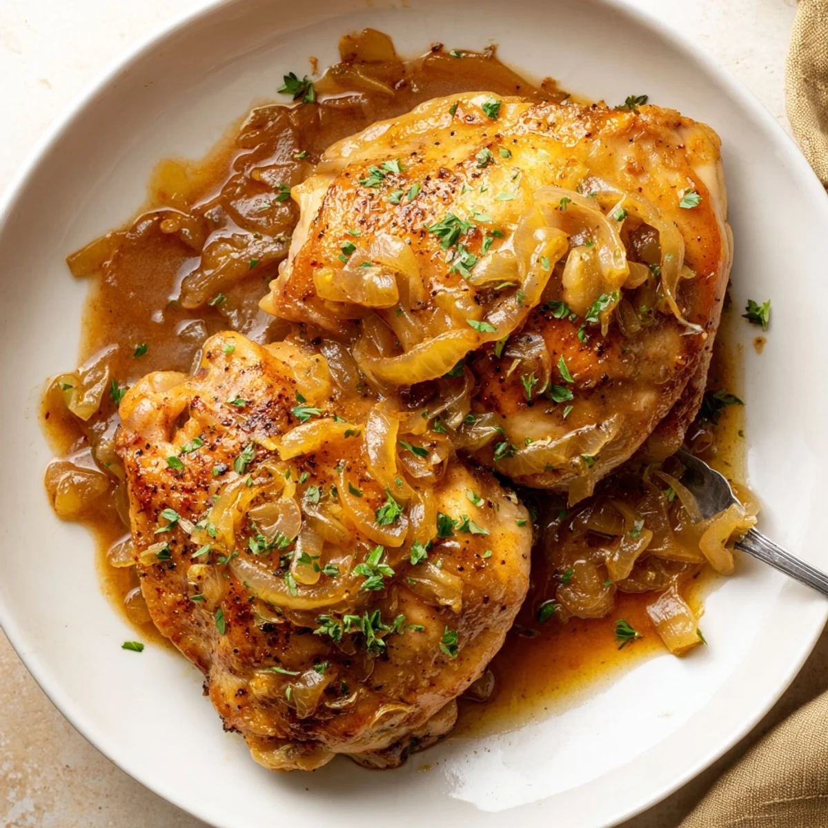 Pan-seared Savory Smothered Chicken Thighs glazed with caramelized onions and fresh herbs