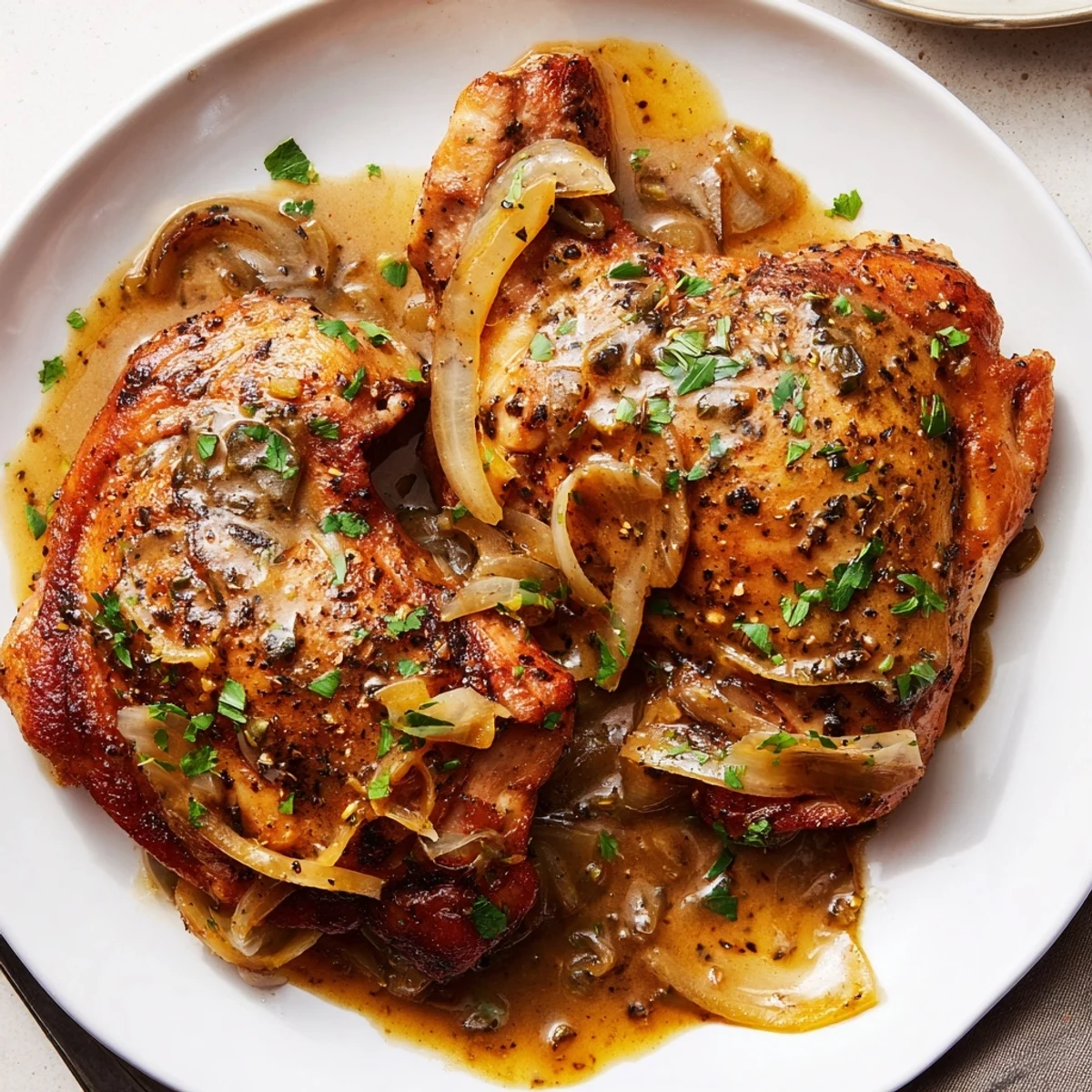 Hearty Savory Smothered Chicken Thighs bathing in rich gravy, perfect with buttered noodles