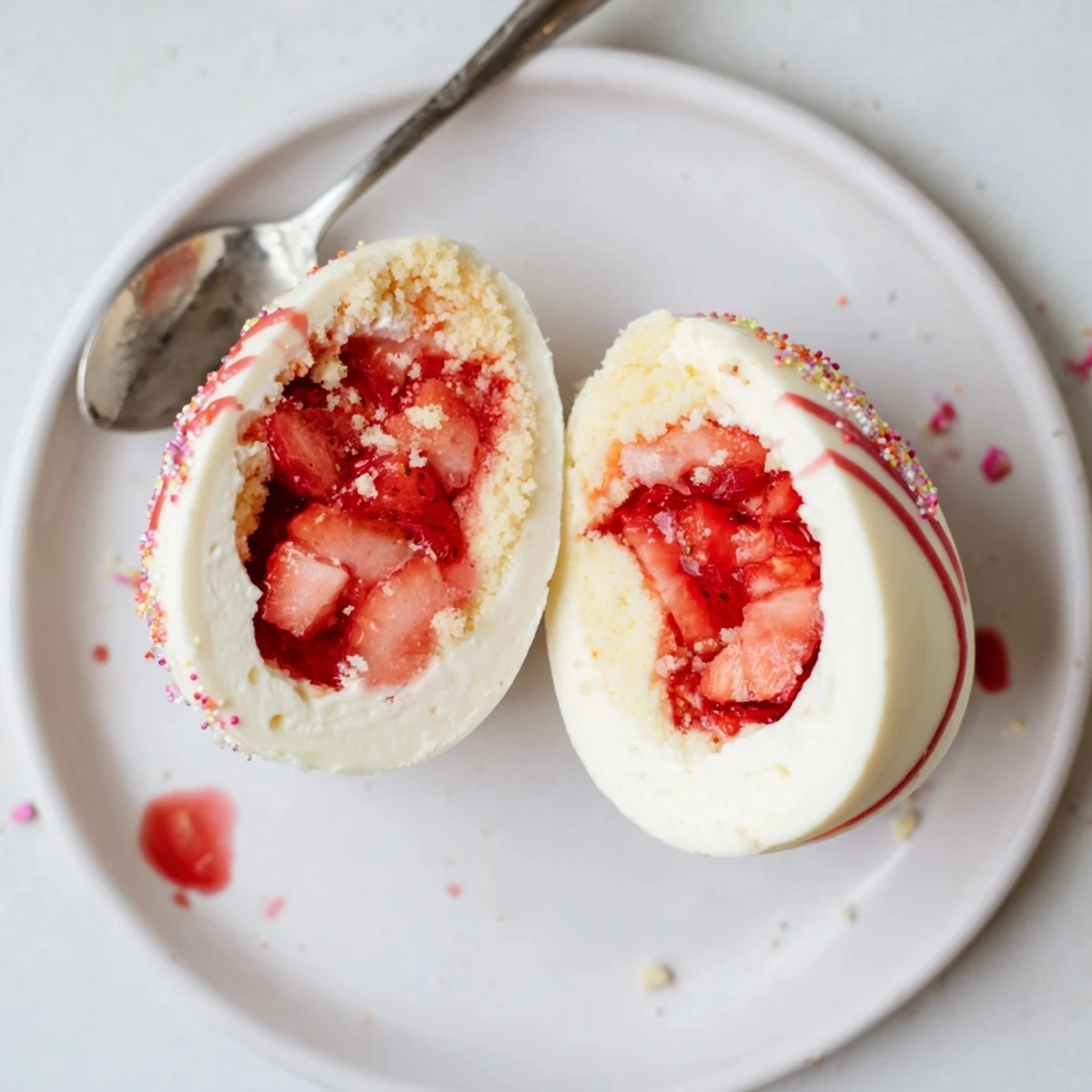 Strawberry Shortcake Easter Egg Bombs with creamy filling, crushed shortcake texture  