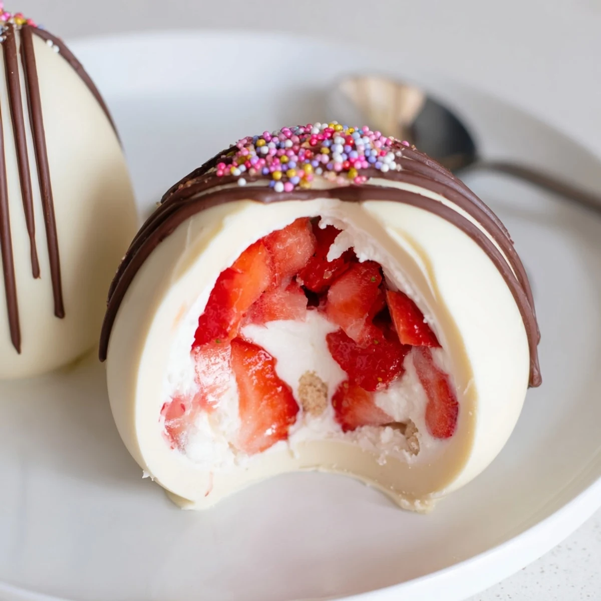 Handheld Strawberry Shortcake Easter Egg Bombs dusted with powdered sugar, ready to serve  