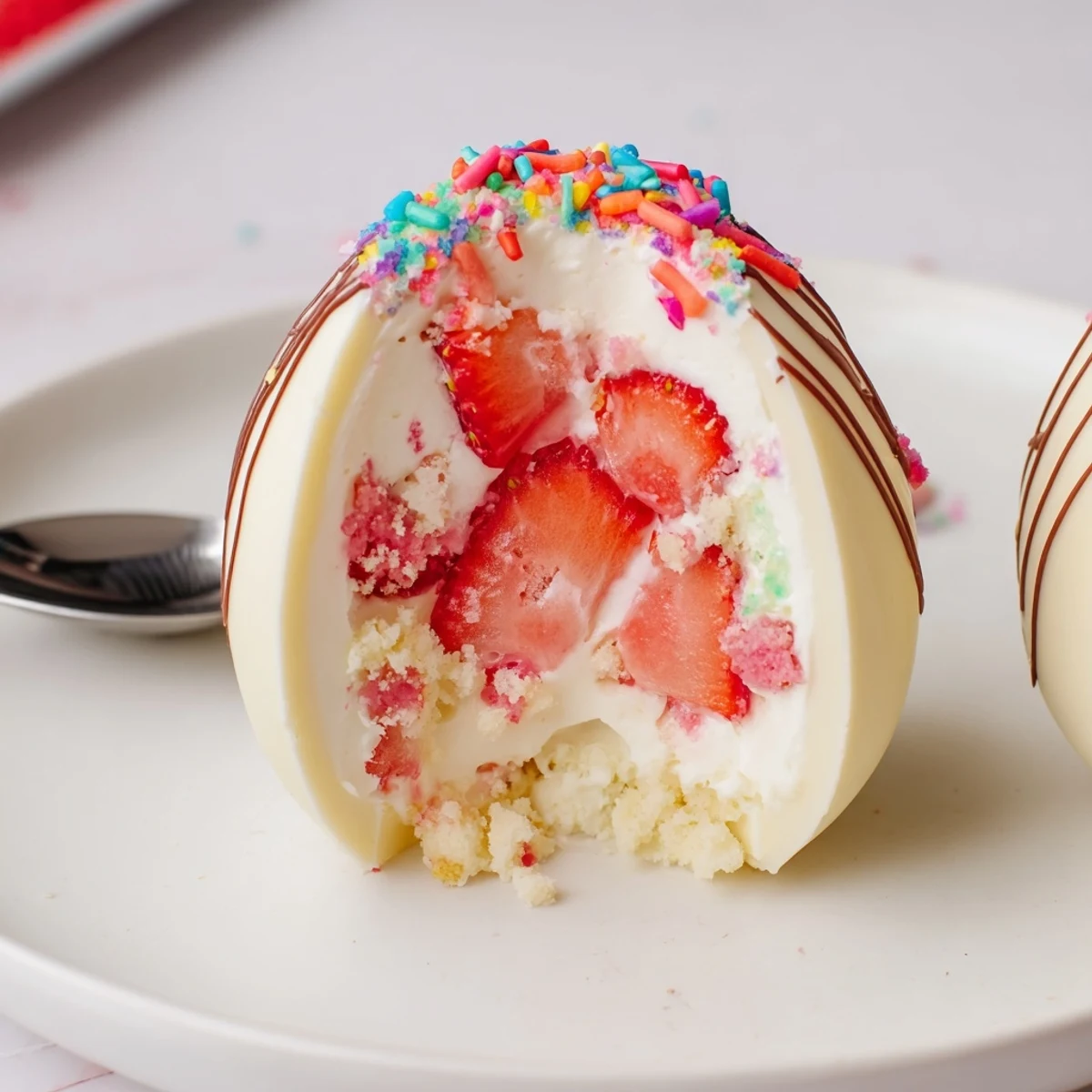 Decorated Strawberry Shortcake Easter Egg Bombs showing glossy chocolate shells and macerated strawberries