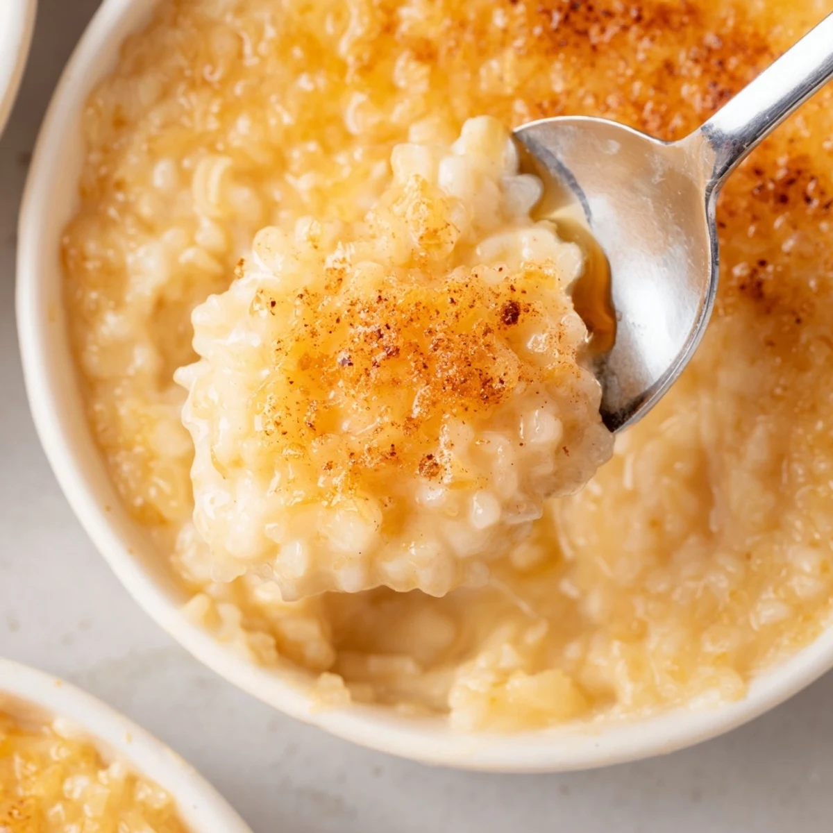 Warm, golden Delicious Condensed Milk Baked Rice Pudding Recipe To Try, cinnamon-sprinkled.