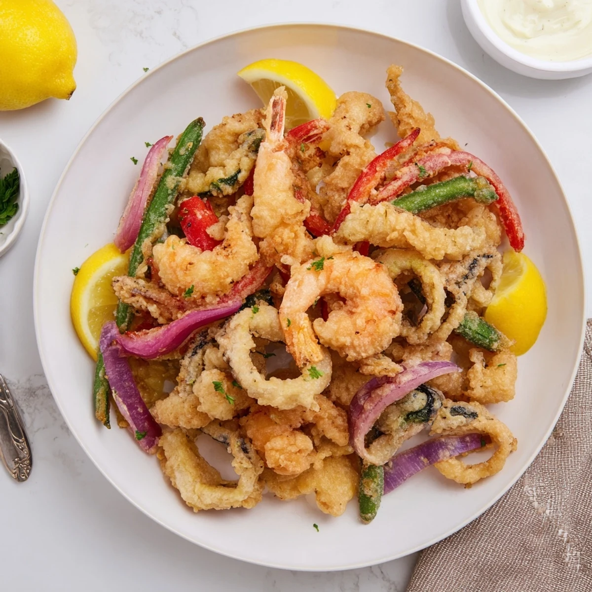 Crispy Shrimp Fritto Misto piled golden, steaming, bright lemon wedges