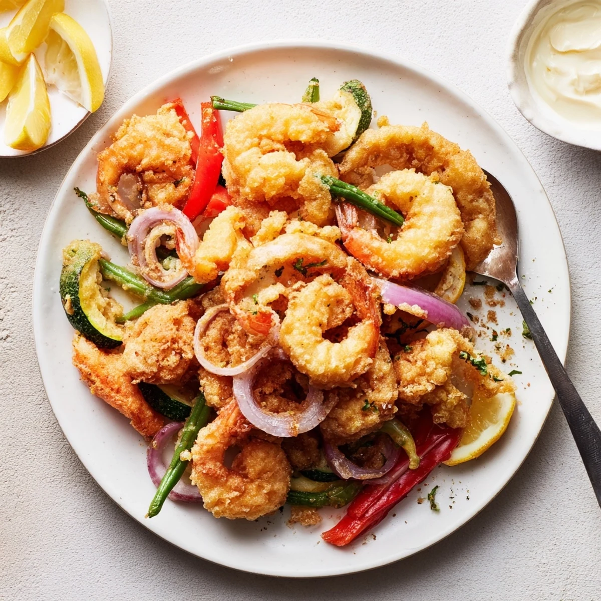 Handheld basket of Crispy Shrimp Fritto Misto with tangy aioli dip