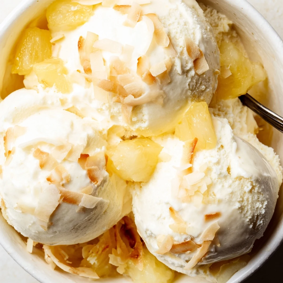 Creamy Pineapple Ice Cream in a bowl, silky texture, bright tropical aroma  