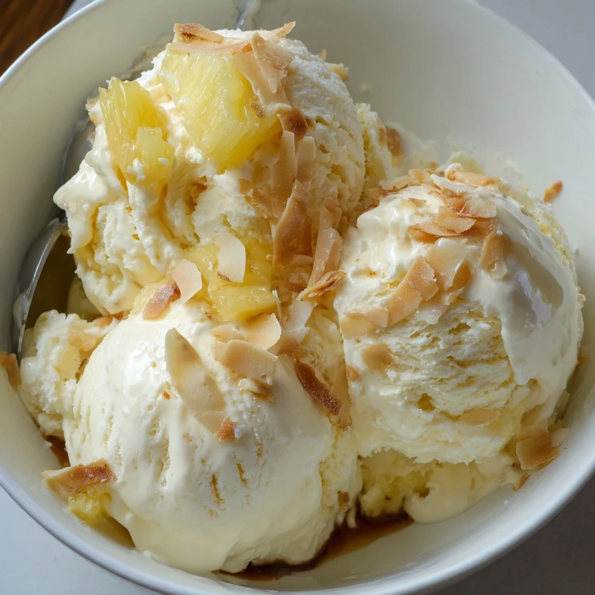 Scoops of Creamy Pineapple Ice Cream topped with toasted coconut, chilled  