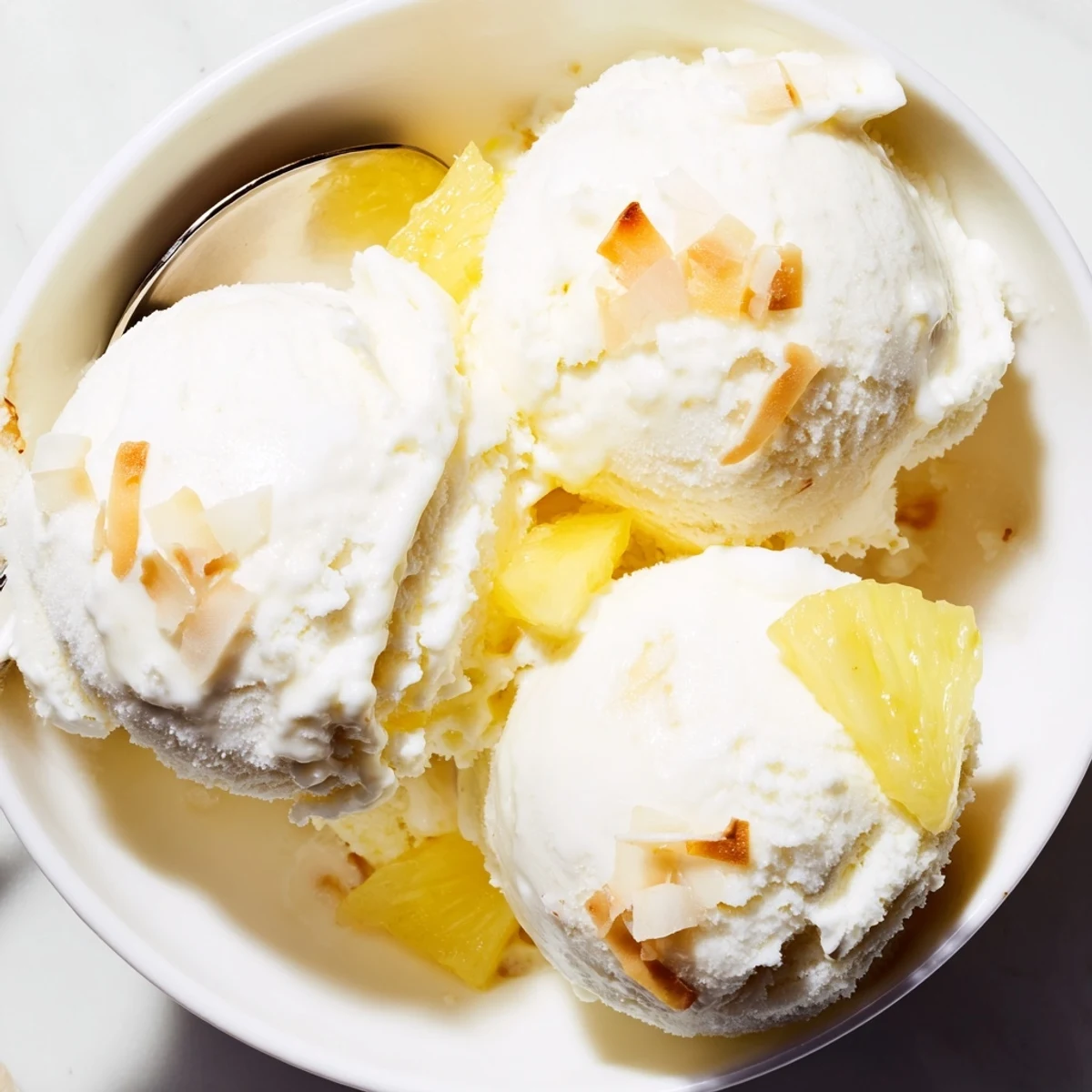 Homemade Creamy Pineapple Ice Cream churned until velvety, served with lime