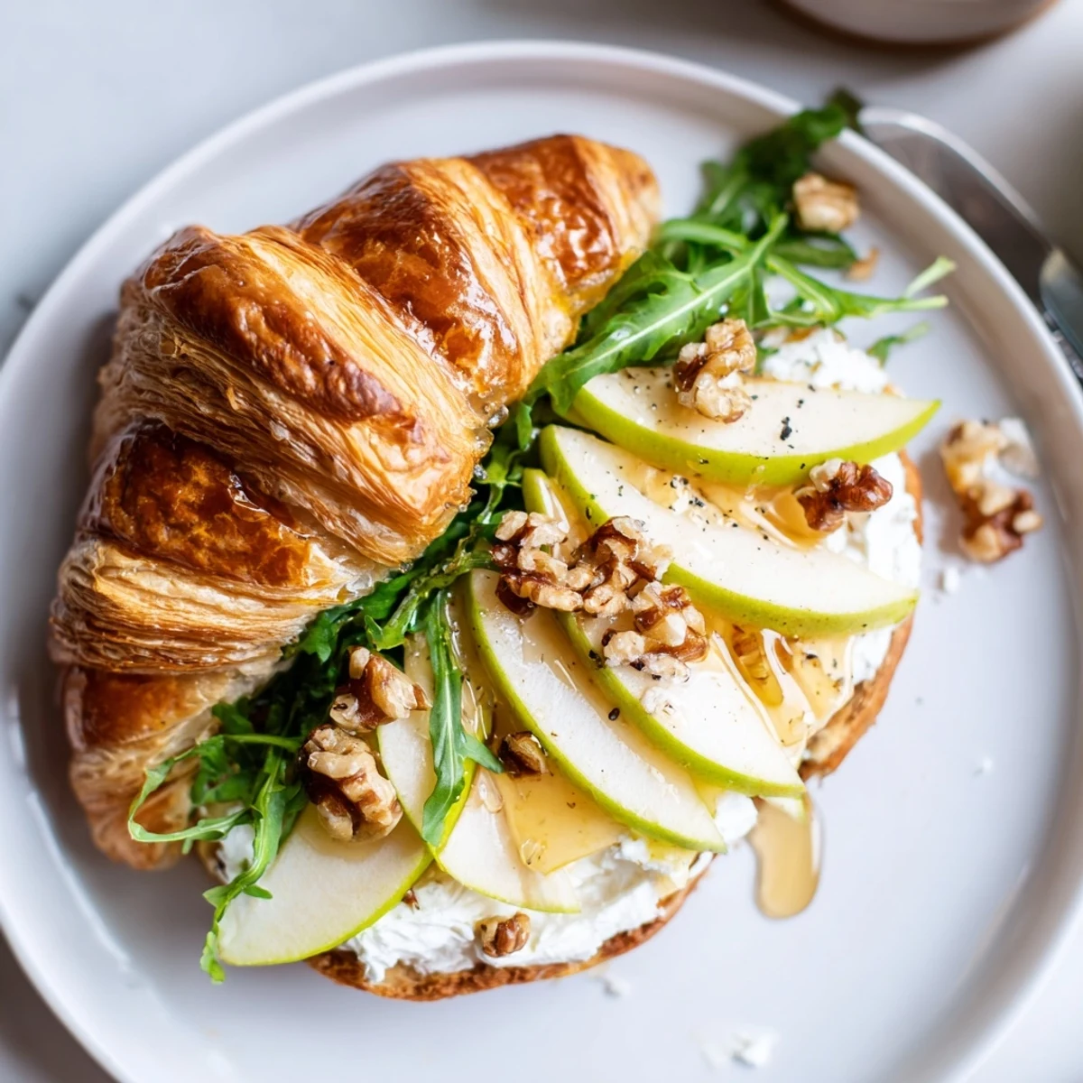 Buttery Apple Goat Cheese Croissant Sandwich with crisp apple slices and arugula
