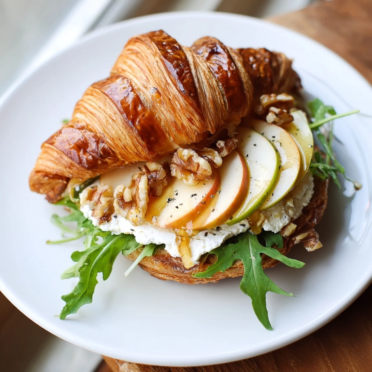Toasted Apple Goat Cheese Croissant Sandwich served warm with peppered arugula