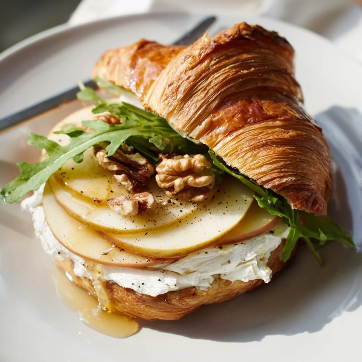 Honey-drizzled Apple Goat Cheese Croissant Sandwich layered with creamy cheese and walnuts