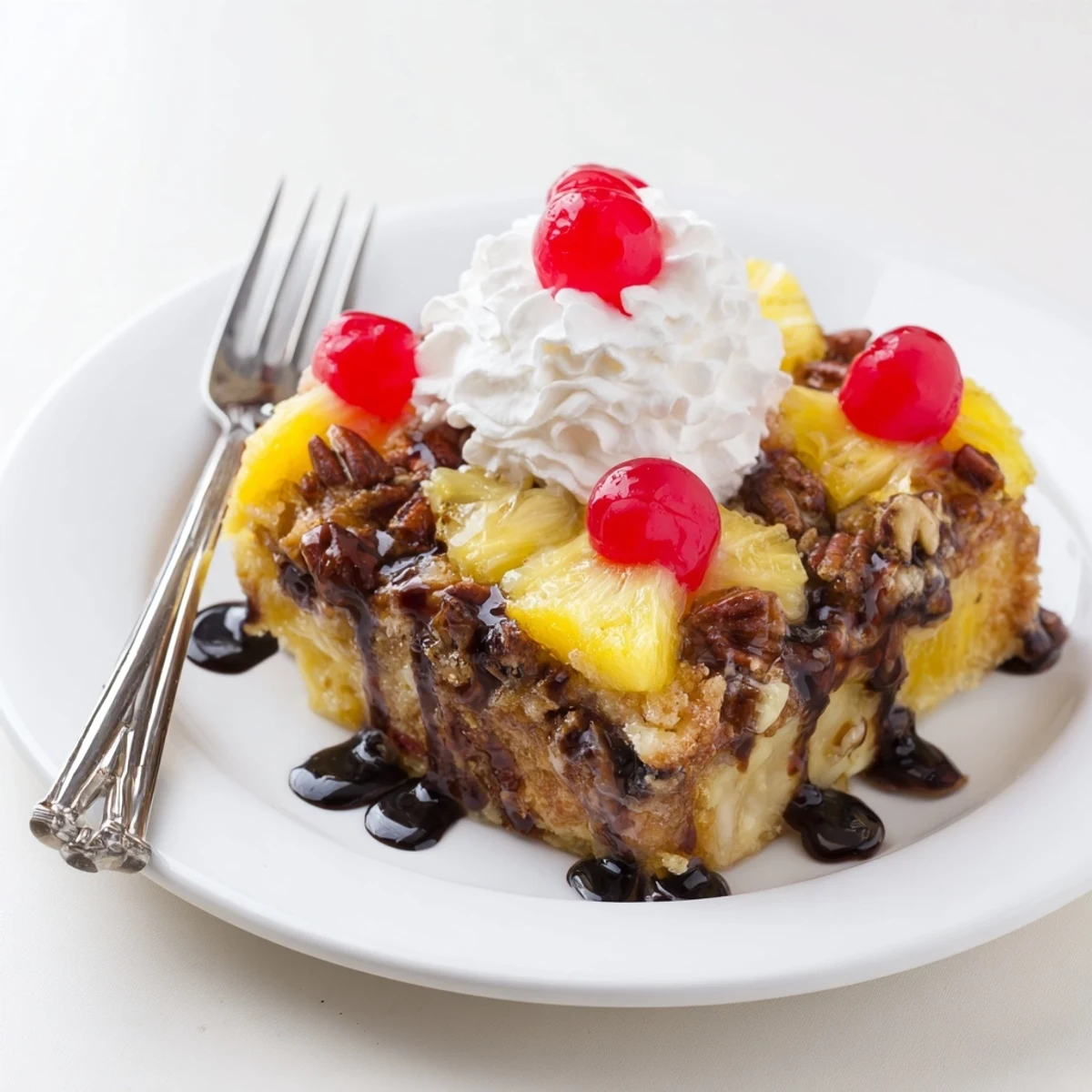 Warm Banana Split Dump Cake bubbling with chocolate chips and cherries