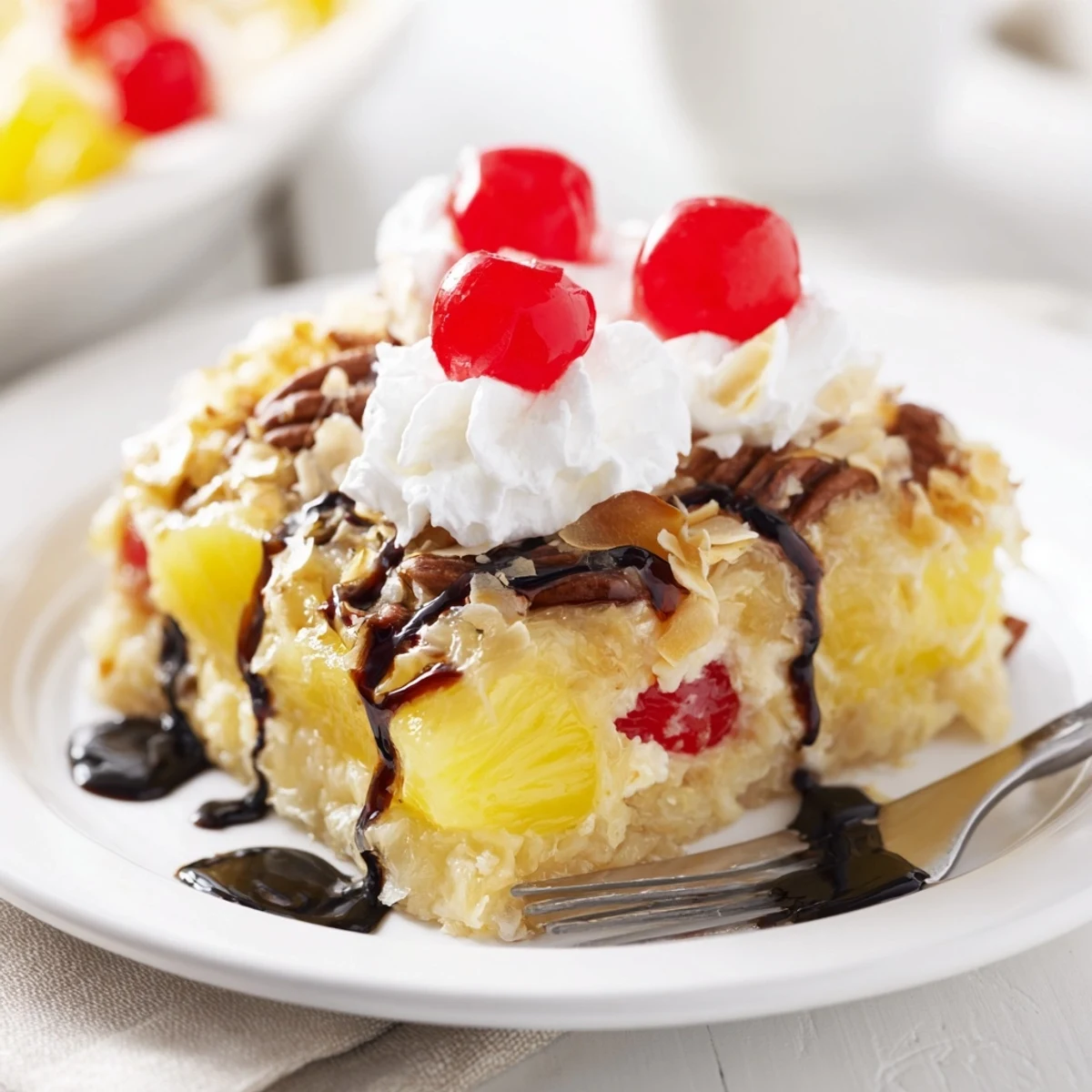 Sliced bananas and pineapple beneath a golden Banana Split Dump Cake