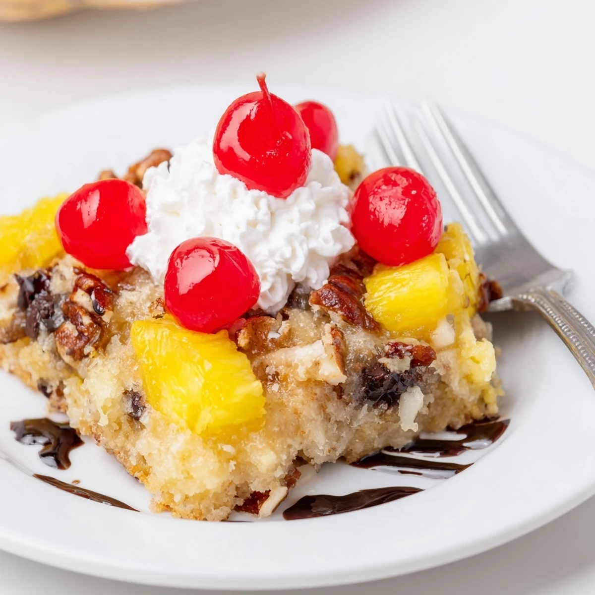 Enjoy Banana Split Dump Cake topped with whipped cream, cherries, and syrup