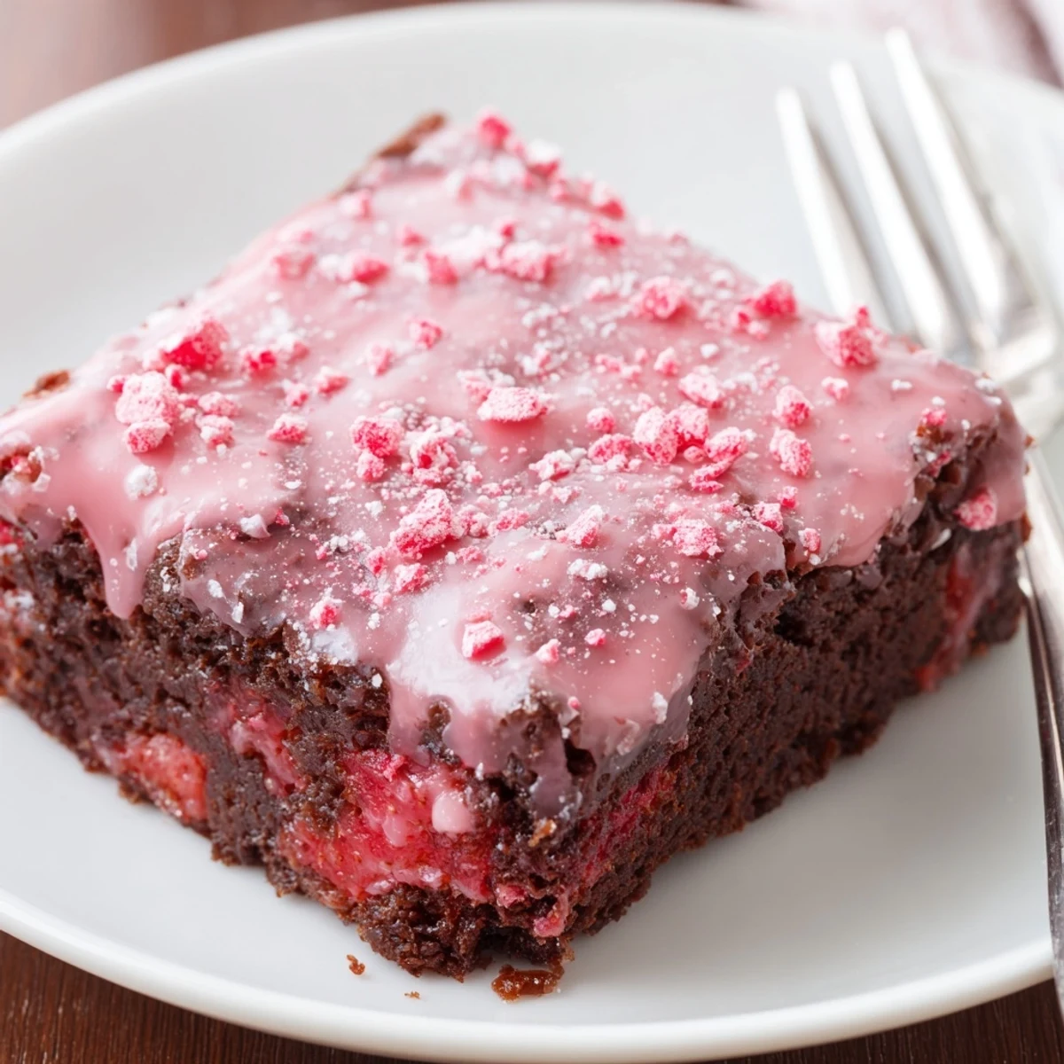 Warm Strawberry Brownies Recipe served with whipped cream and sliced strawberries