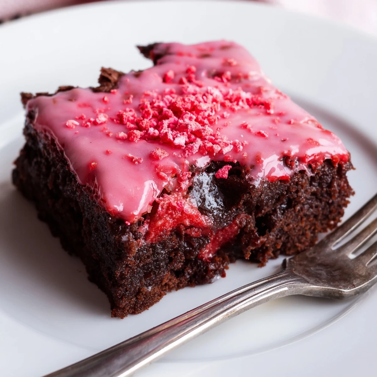 Strawberry Brownies Recipe: fudgy squares glazed with pink strawberry icing, fresh berries