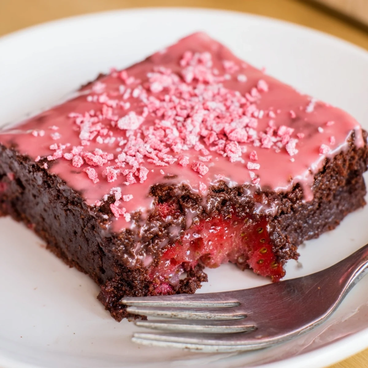 A bright Strawberry Brownies Recipe square showing glossy glaze and fork-ready texture