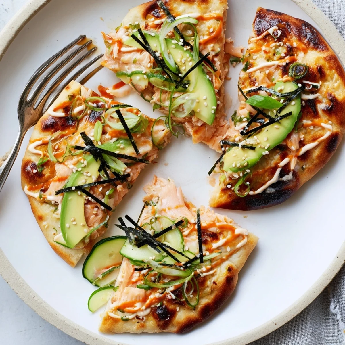 Golden bubbling salmon sushi bake flatbread pizza topped with fresh avocado and spicy sriracha drizzle