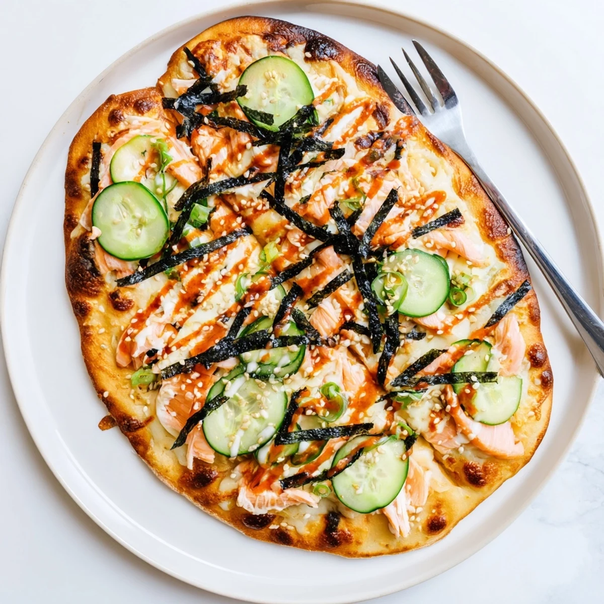 Fusion salmon sushi bake pizza featuring baked seafood rice base finished with nori strips and tangy spicy mayo sauce