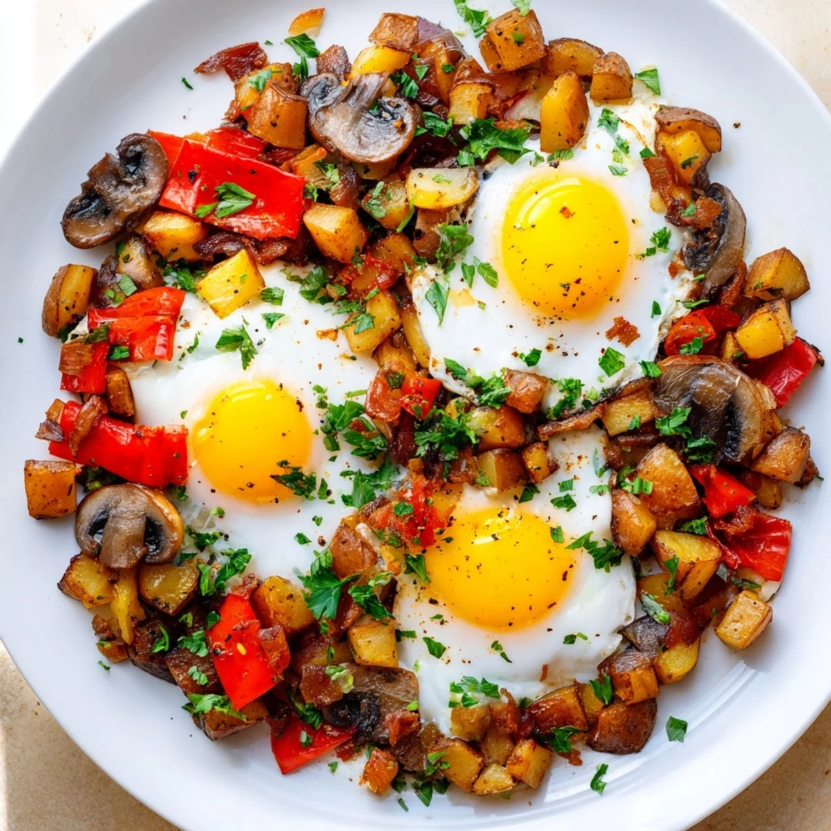 Hearty breakfast hash with eggs sizzling in cast iron skillet with onions, mushrooms, and perfectly fried sunny side up eggs