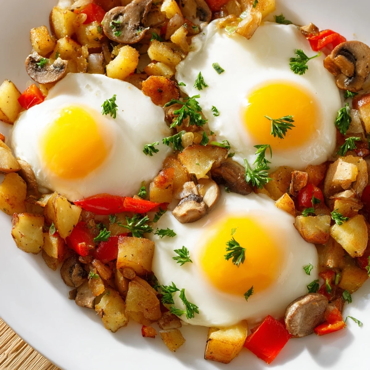 Crispy breakfast hash with eggs skillet featuring golden potatoes, colorful bell peppers, and runny yolks garnished with fresh parsley