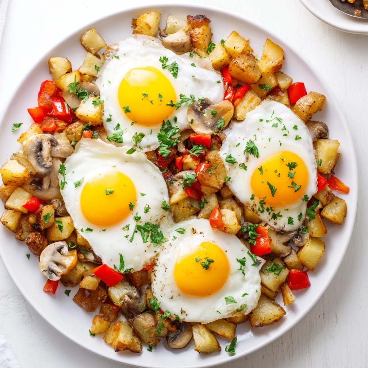 One skillet breakfast hash with eggs displaying tender russet potatoes, diced vegetables, and four eggs nestled in vegetable wells