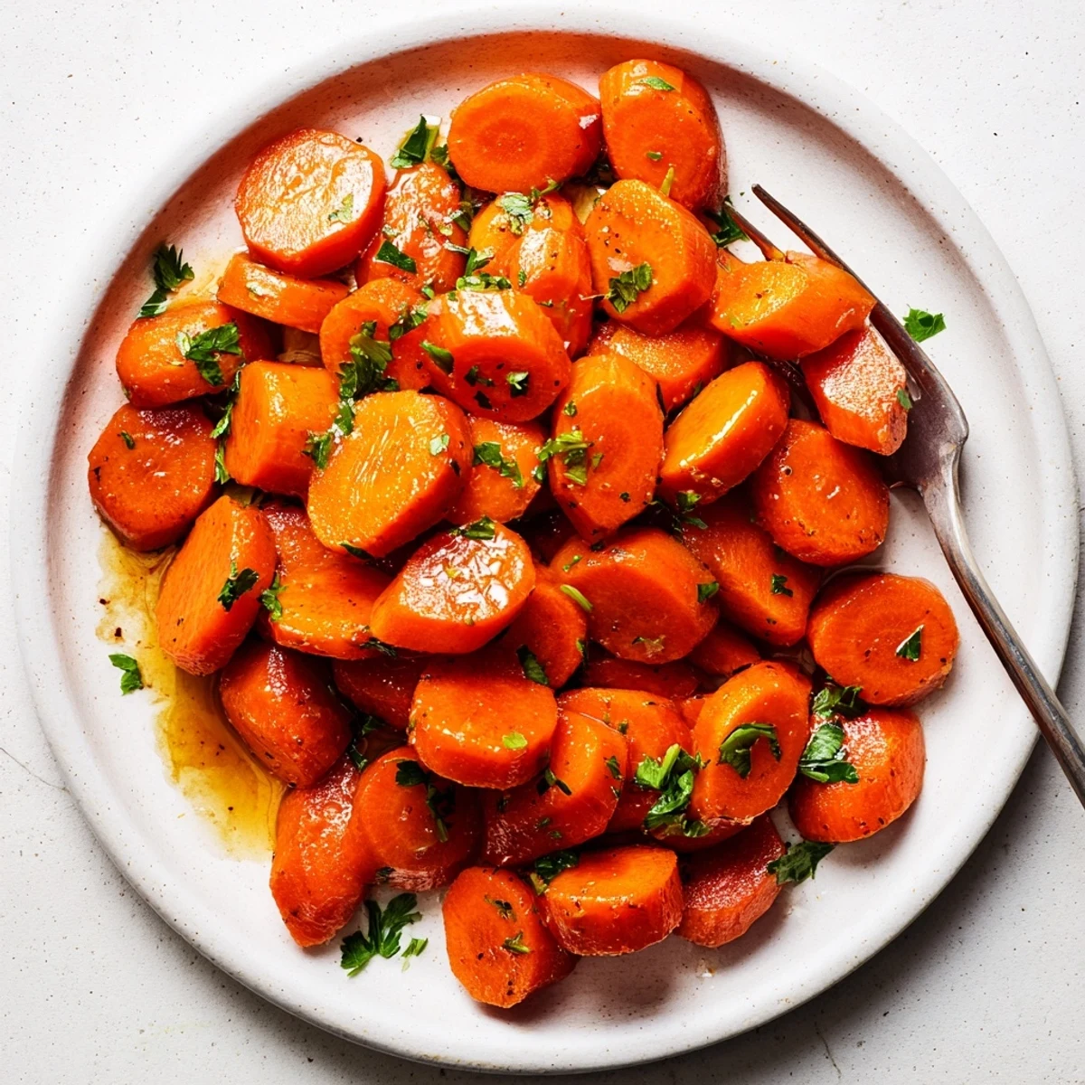 Golden honey glazed carrots glistening with sweet caramelized coating on a white serving plate