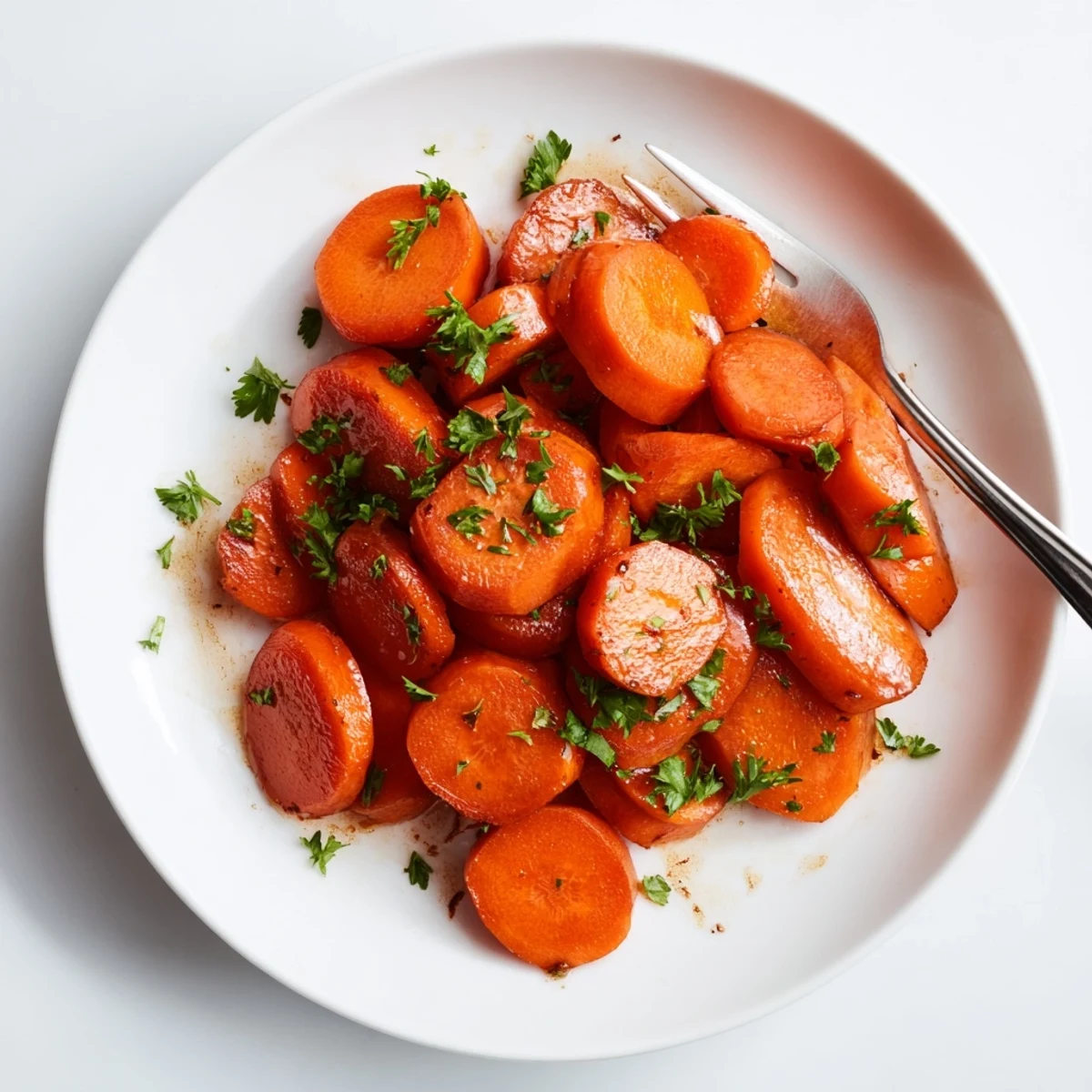 Tender roasted honey glazed carrots with glossy sheen garnished with fresh green parsley