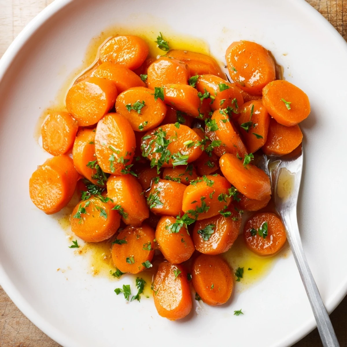 Close up of honey glazed carrots showcasing their shiny sweet buttery glaze texture