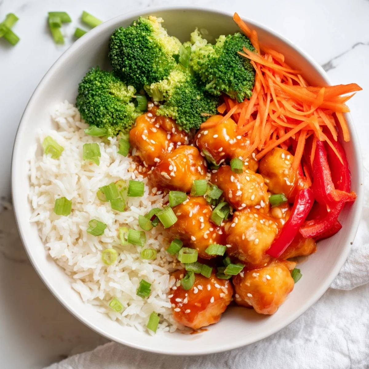 Close-up of sticky orange glazed chicken rice bowl garnished with green onions and sesame seeds