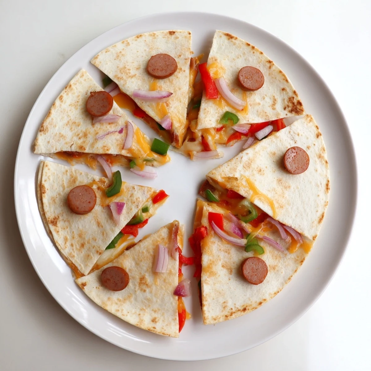 Golden crispy Cajun beef sausage quesadillas with melted Monterey Jack and cheddar cheese oozing from the sides