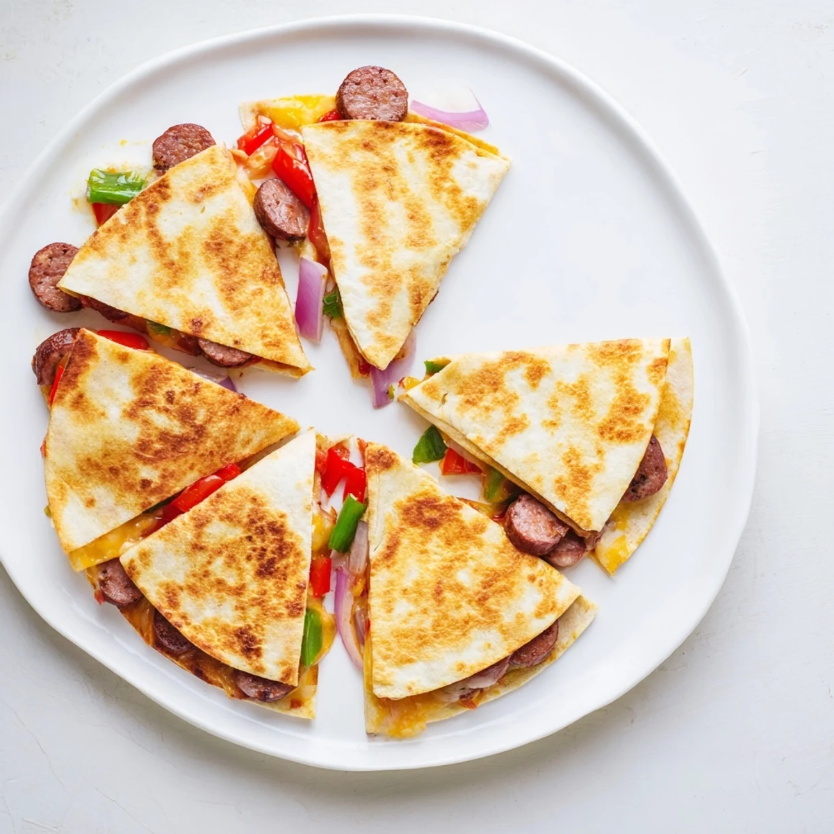 Spicy Cajun beef sausage quesadilla sliced into wedges showcasing colorful bell peppers and layers of gooey melted cheese