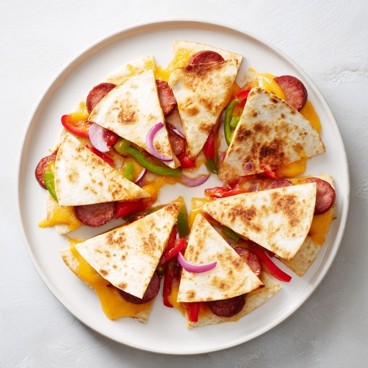 Pan-fried Cajun beef sausage quesadillas with vibrant red and green peppers pressed between buttery toasted tortillas