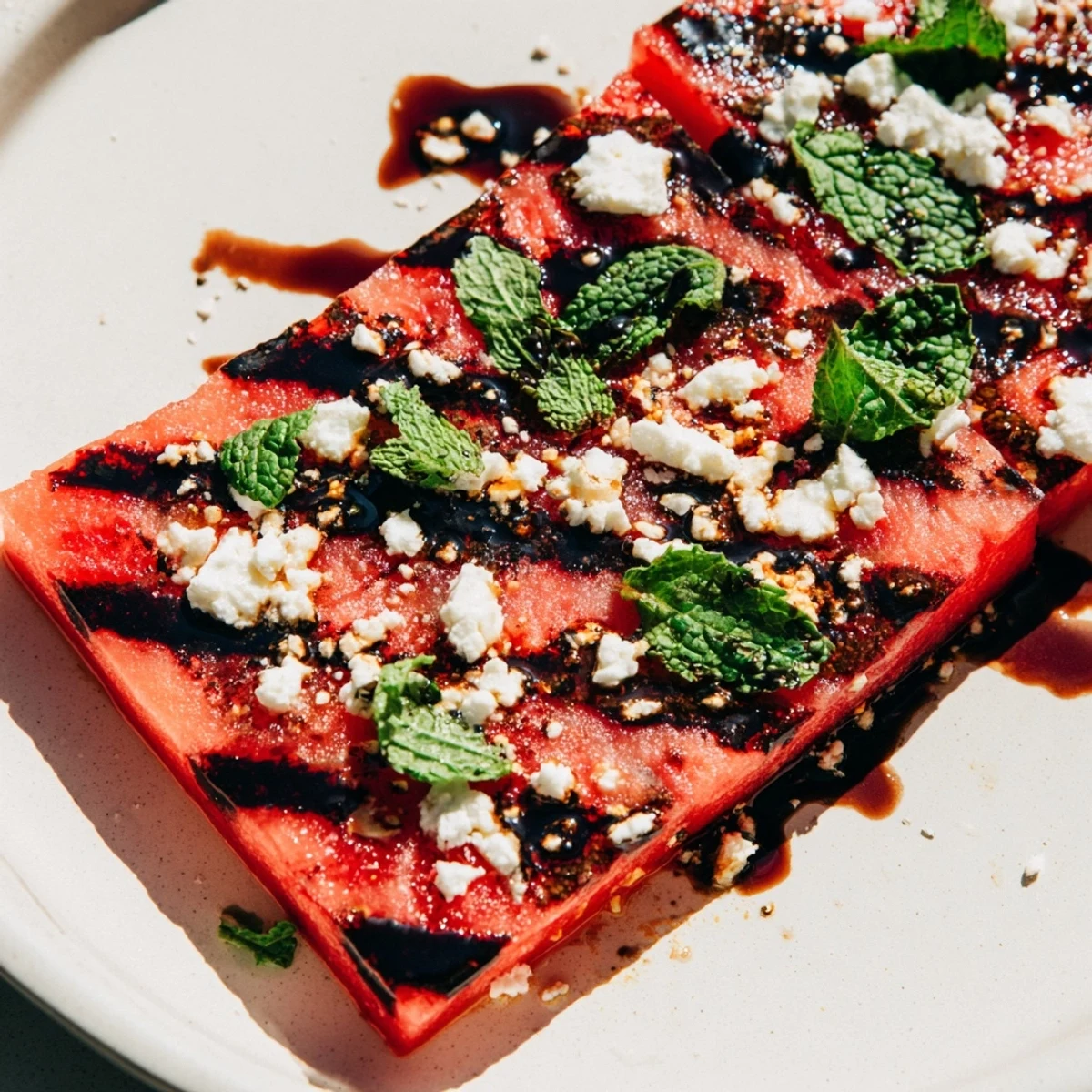 Grilled watermelon steak with balsamic glaze and fresh mint garnish on white plate