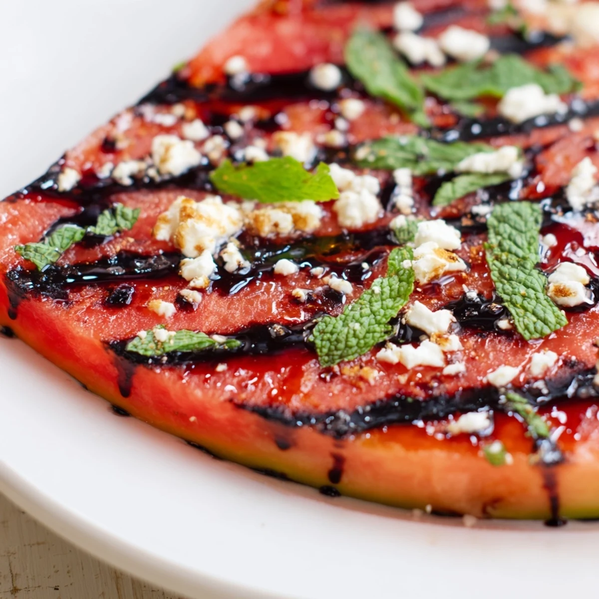 Vegan watermelon steak topped with crumbled feta and flaky sea salt for summer