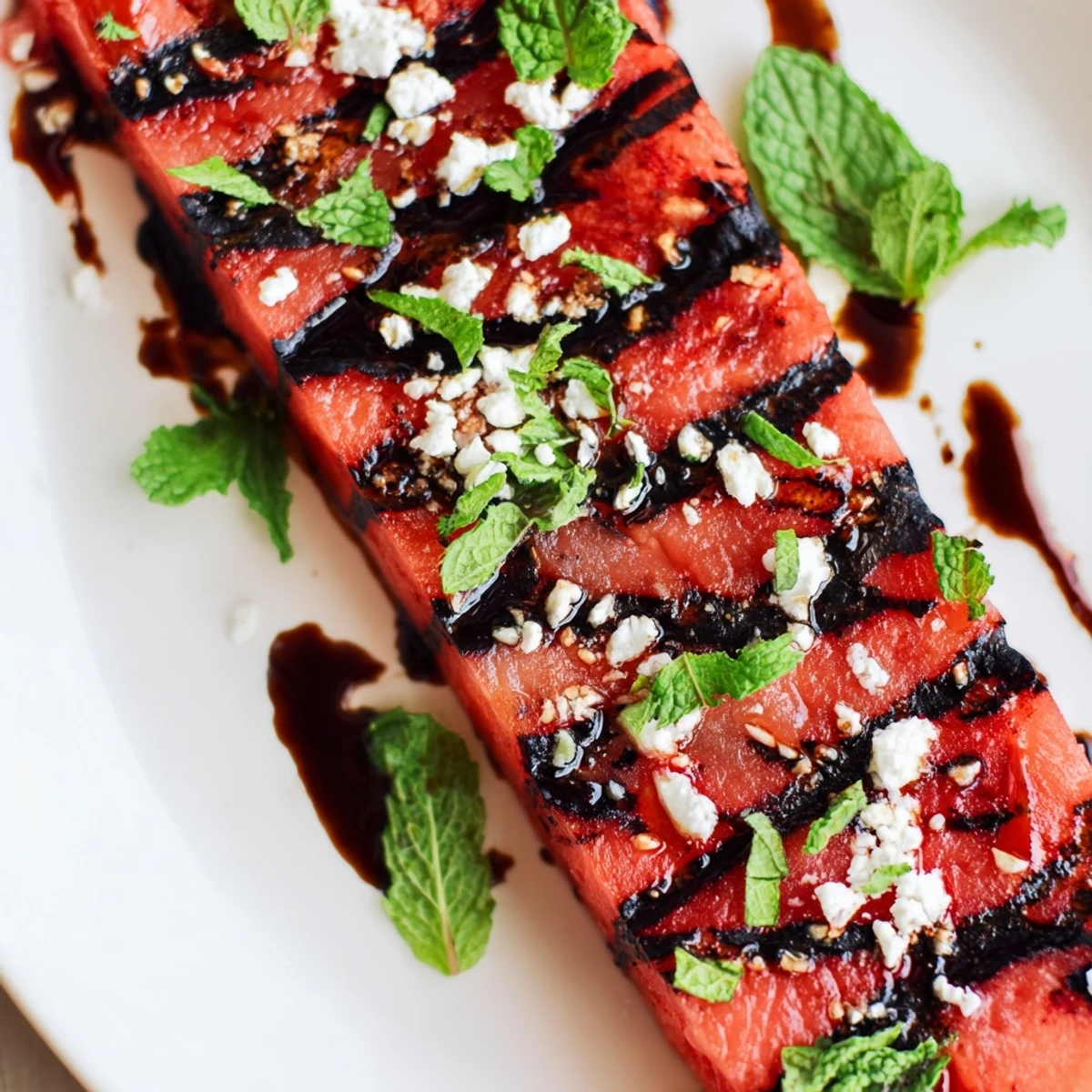 Thick juicy watermelon steak slices featuring caramelized grill marks and smoked paprika marinade