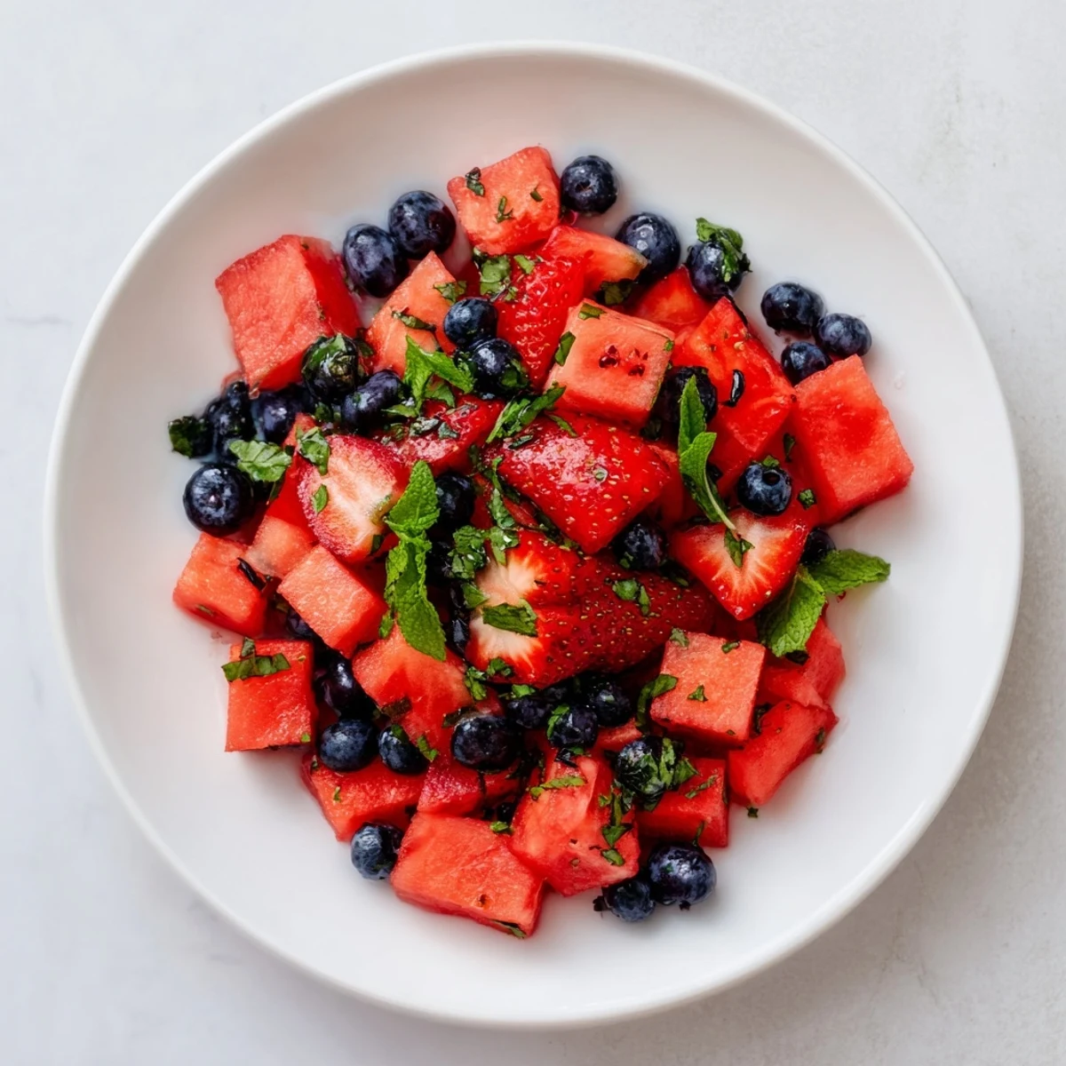 Refreshing watermelon fruit salad bowl with mint, strawberries, and blueberries drizzled with lime honey dressing