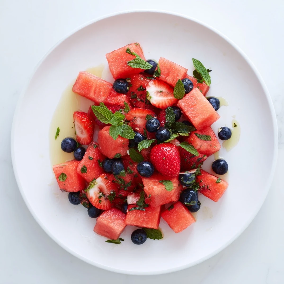 Colorful summer watermelon recipe featuring fresh melon cubes, berries, and citrus zest garnished with chopped mint