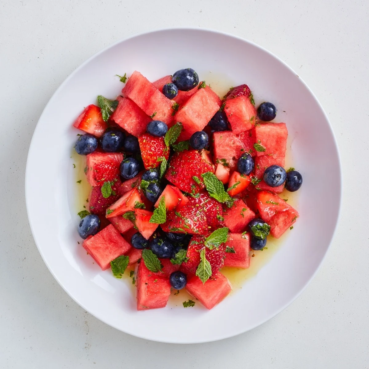 Sweet watermelon fruit salad with strawberries, blueberries, and fresh mint leaves chilled in a glass serving bowl
