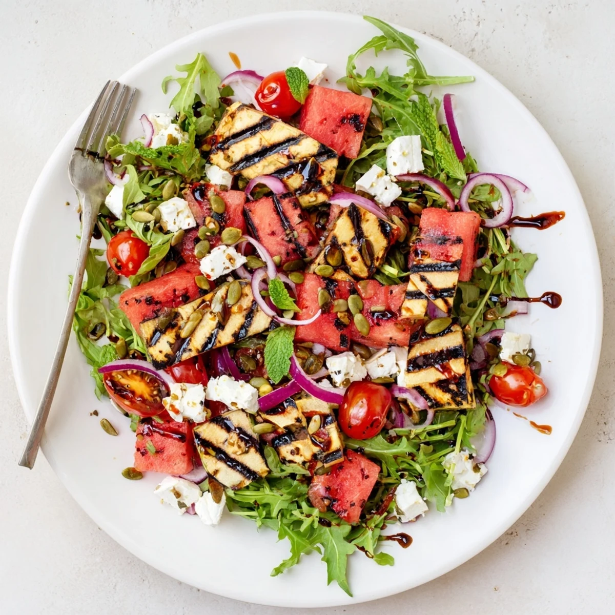 Golden grilled watermelon salad featuring charred fruit cubes with tangy balsamic dressing