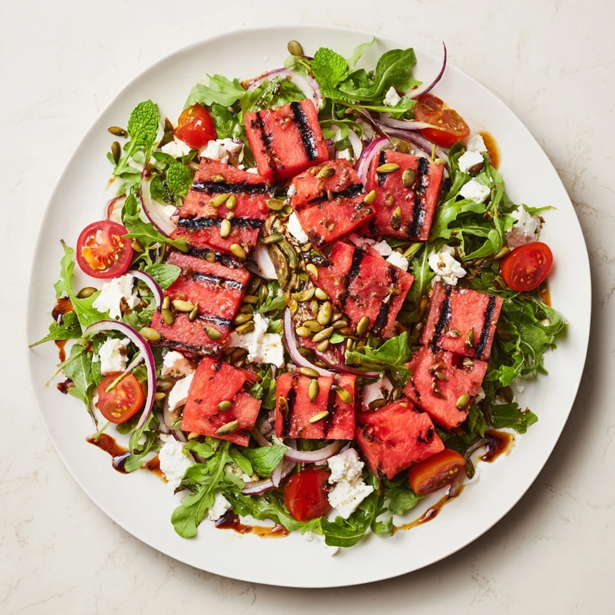 Summer grilled watermelon salad topped with creamy feta and fresh green mint leaves