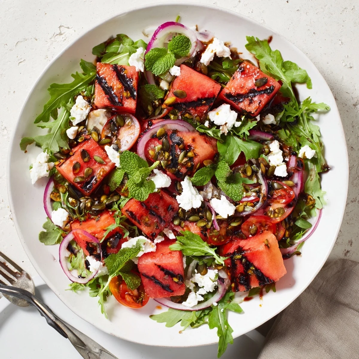 Vibrant bowl of grilled watermelon salad with balsamic glaze drizzled over arugula greens