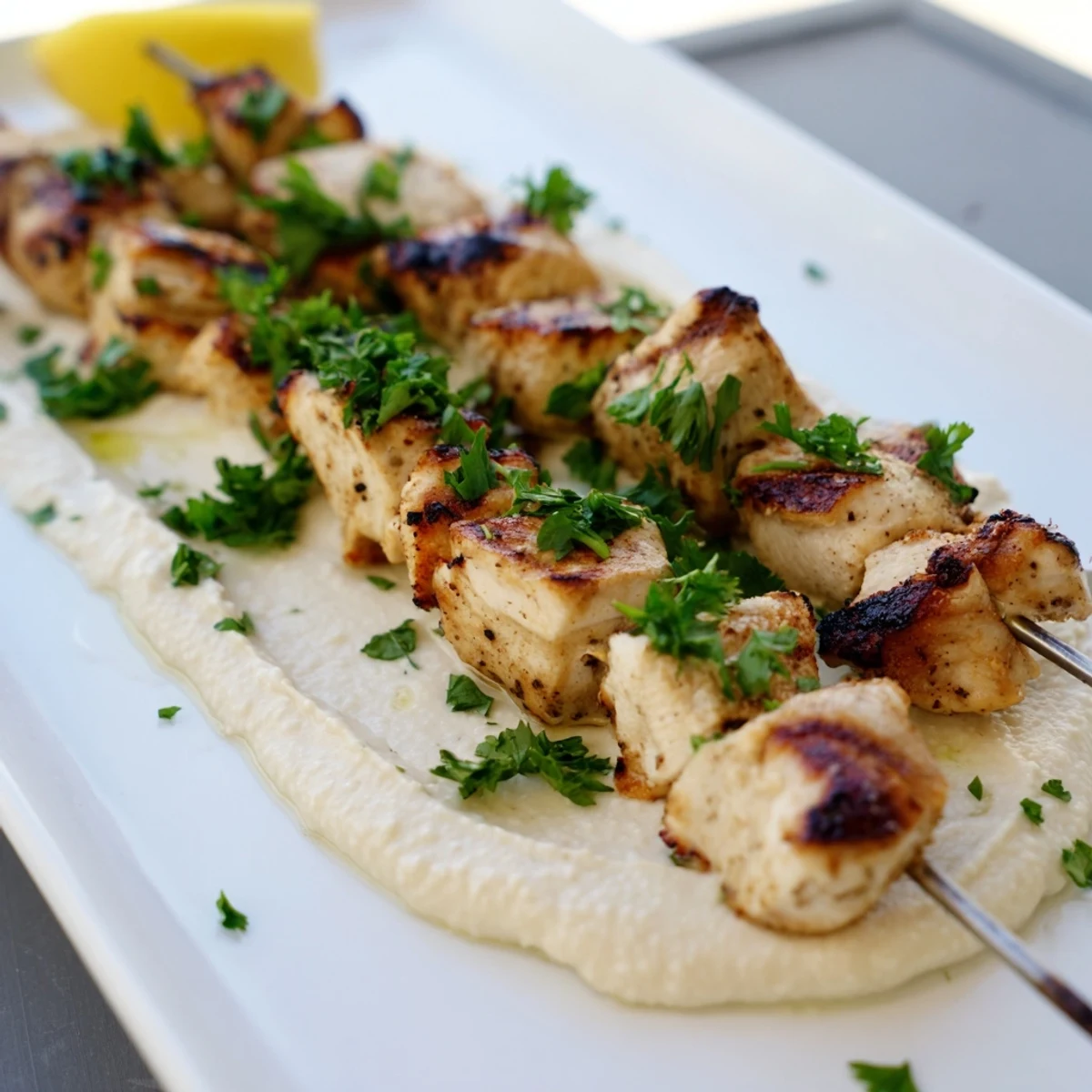 Juicy spiced chicken kabobs arranged on bed of homemade tahini hummus with lemon wedges