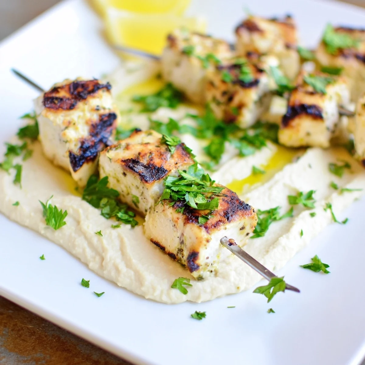 Tender marinated chicken threaded on skewers grilled to perfection served over smooth classic hummus platter
