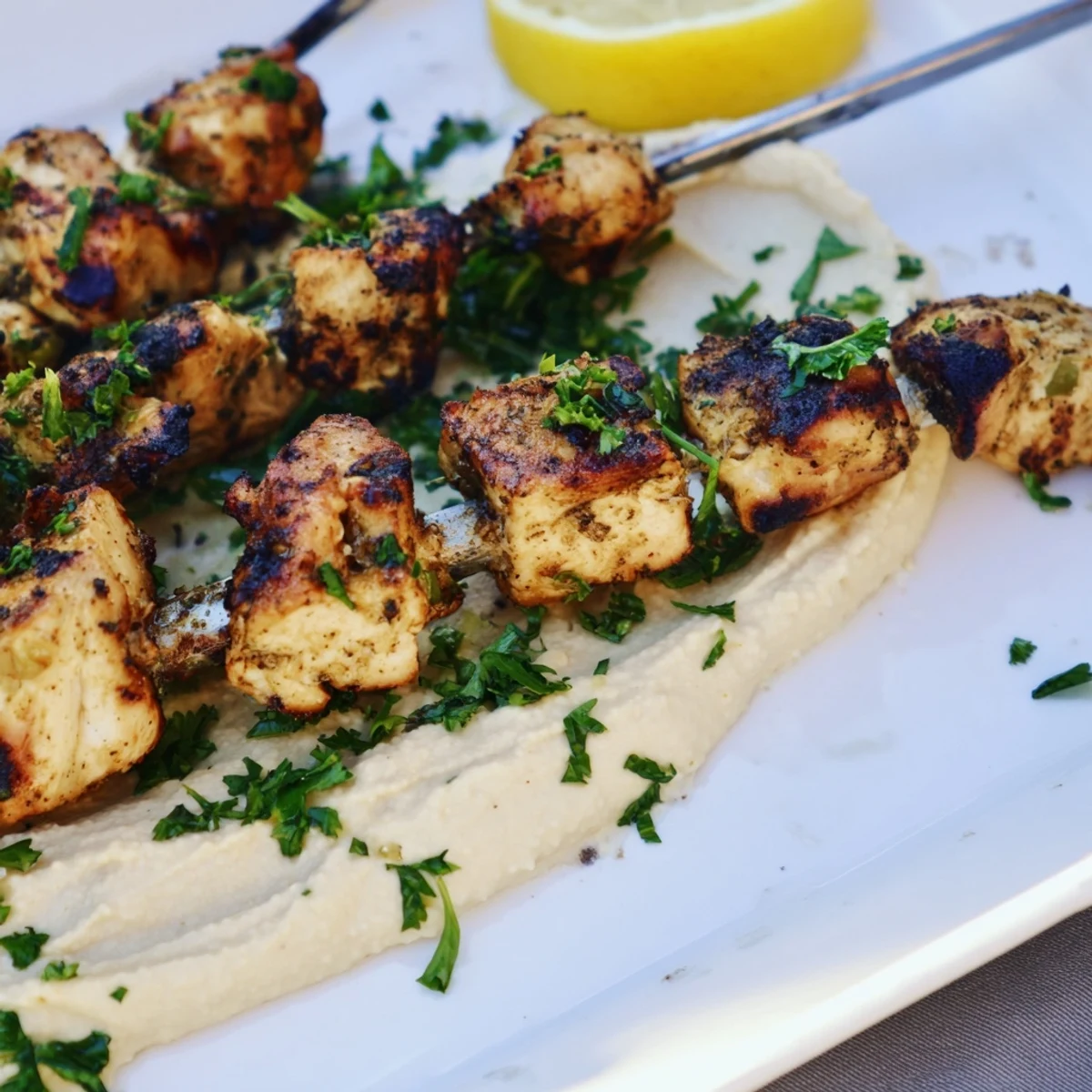Golden grilled Mediterranean chicken skewers resting atop creamy hummus spread with fresh parsley garnish