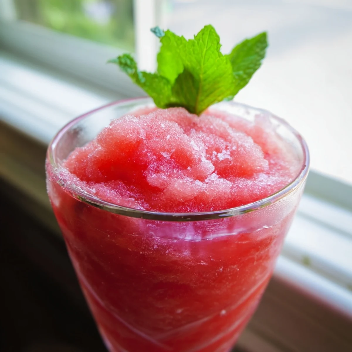 Tropical coconut lime watermelon slushie poured into a glass with fresh mint garnish