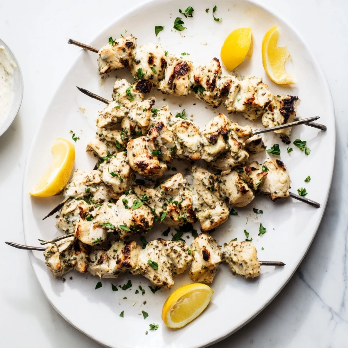 Tender chicken pieces threaded on skewers after marinating in creamy Greek yogurt and spices